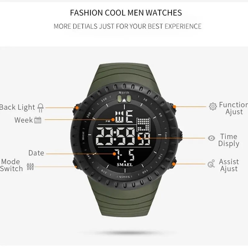 Relógio eletrônico masculino SMAEL para esportes ao ar livre, à prova d'água, mostrador grande, digital, LED, alarme, relógio digital 1237, relógio esportivo