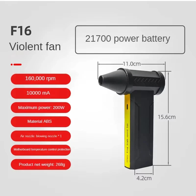 Ventilador turbo elétrico, Motor sem escovas de 160000 RPM, 350 g de empuxo, soprador a bateria, ventilador turbo de alta velocidade, soprador de pó potente recarregável por USB
